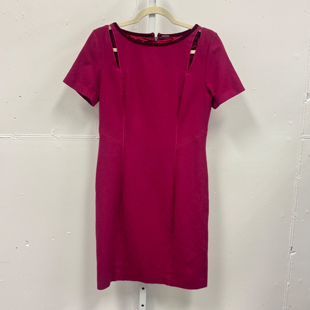 Elie Tahari Magenta Pink Wool Blend Shoulder Cut Out Velvet Trim Knee Dress 8